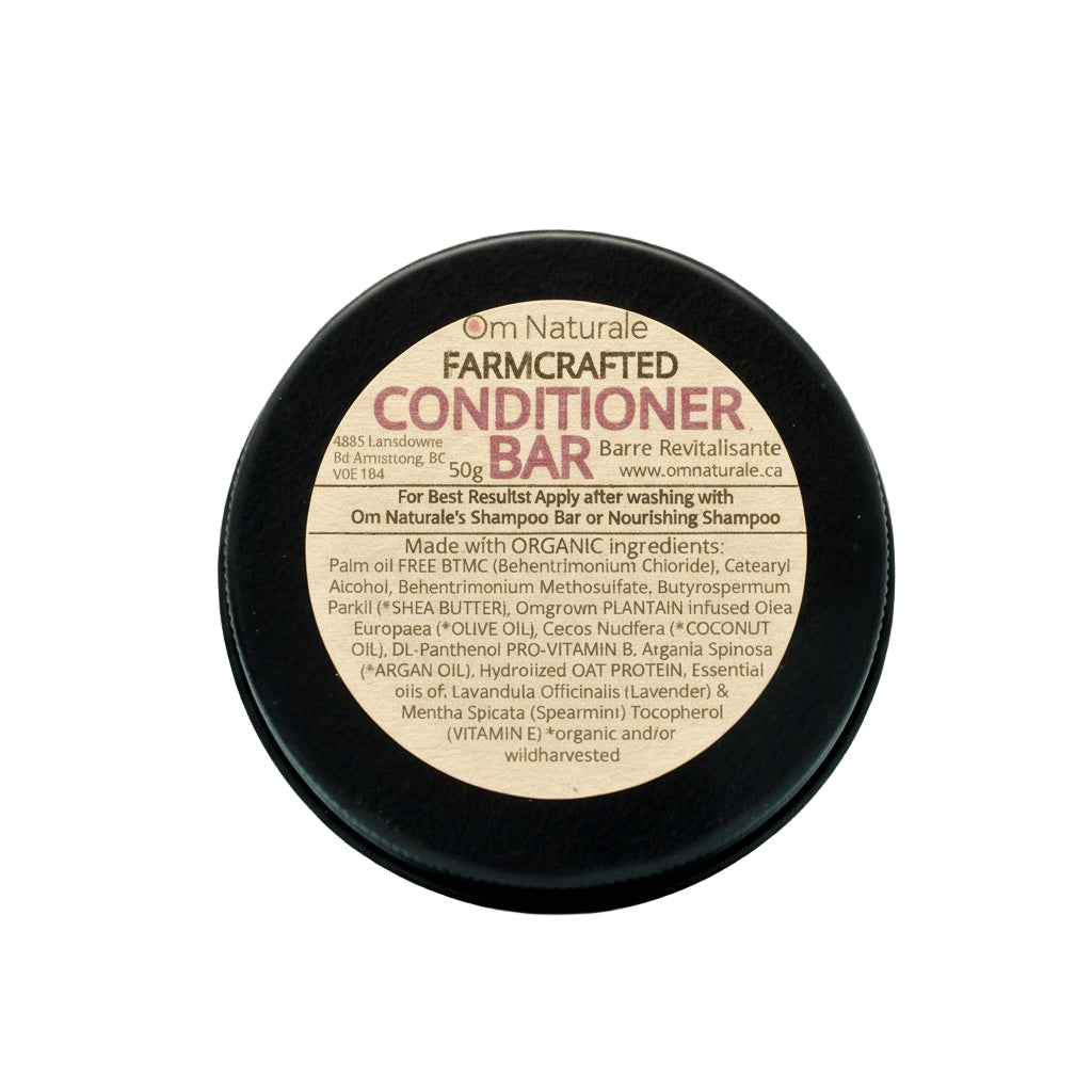 Handmade lavender & spearmint solid conditioner bar in tin container – crafted by Om Naturale in Armstrong, North Okanagan