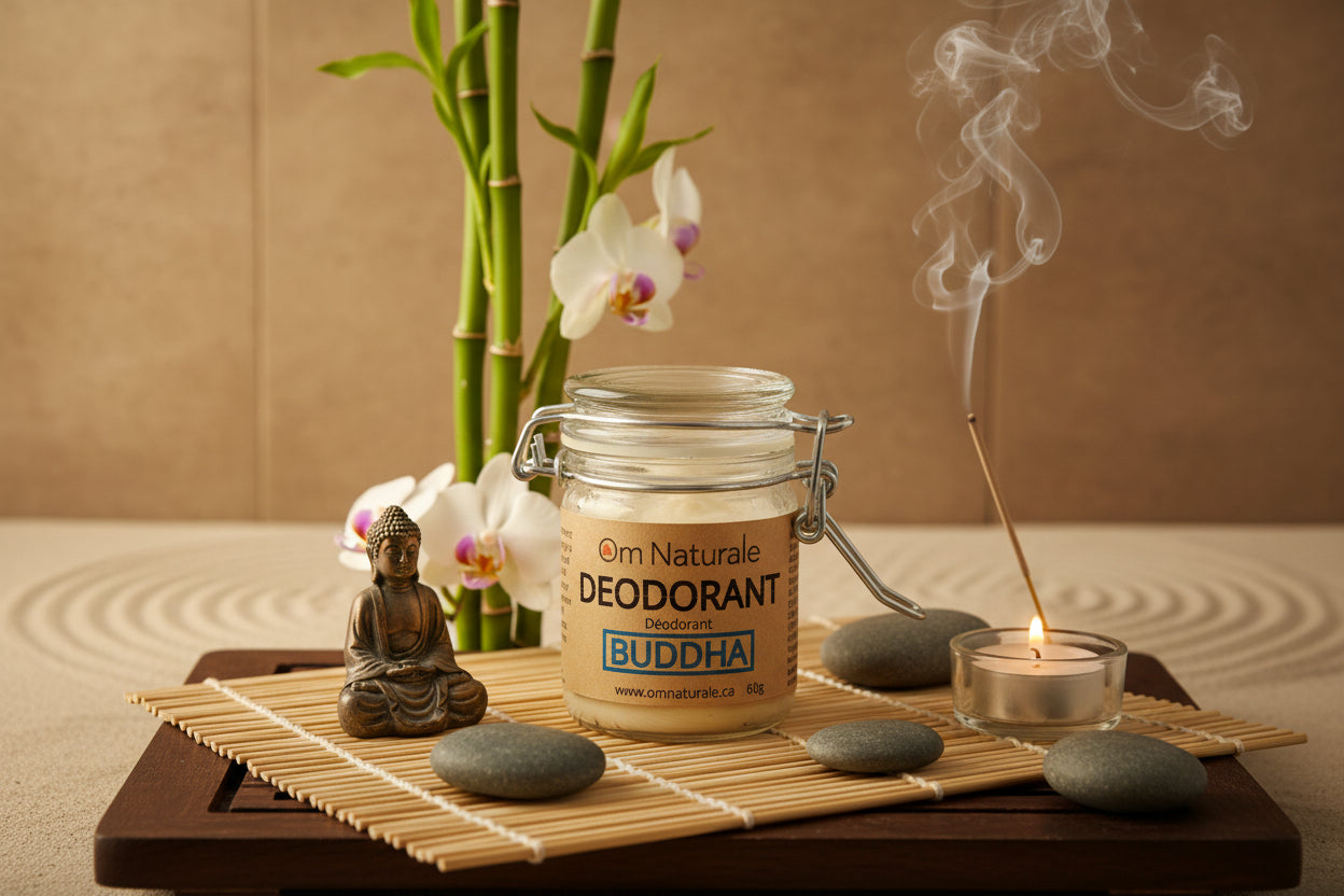 Buddha natural deodorant in jar – earthy citrus herbal scent from essential oils, natural sage formula allows sweating without odor, eco from Om Naturale Armstrong.