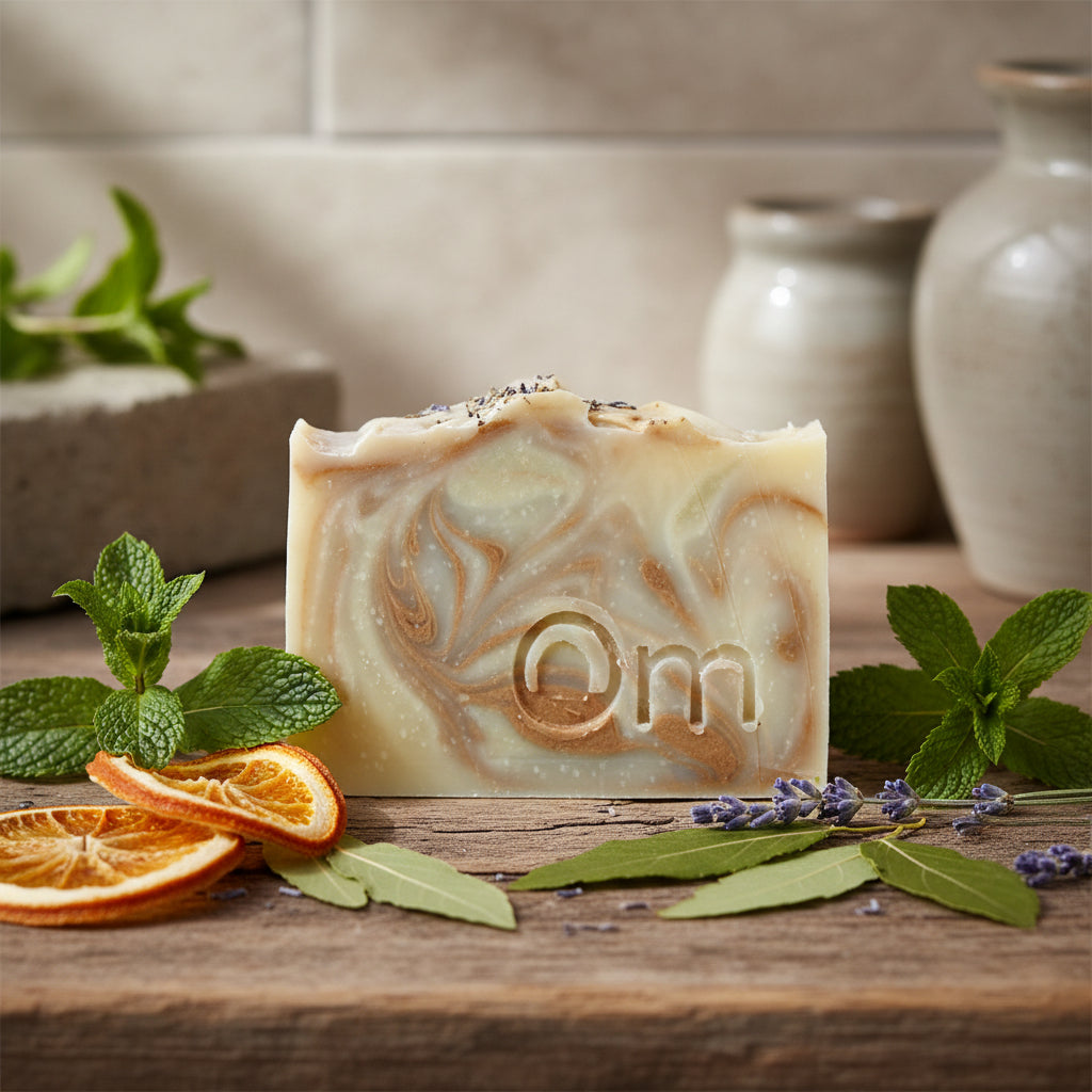 Buddha Farmcrafted Soap – palm oil-free organic base bar handcrafted in Armstrong BC with essential oils of spearmint, orange, patchouli & lavender plus green clay and green tea extract for refreshing enlightenment vibe, vegan natural from Om Naturale, free shipping BC & Alberta over $125