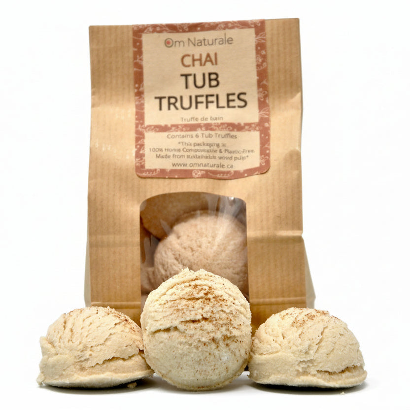 Chai tub truffle infused with cinnamon, clove and vanilla, warm natural moisturizing bath fizzy from Om Naturale Okanagan farm.