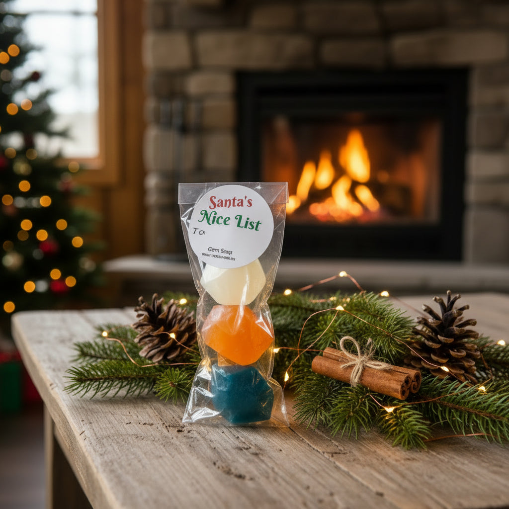 Santa's Naughty and Nice List handmade Christmas soaps featuring coal soaps and gemstone soaps in compostable gift bags.