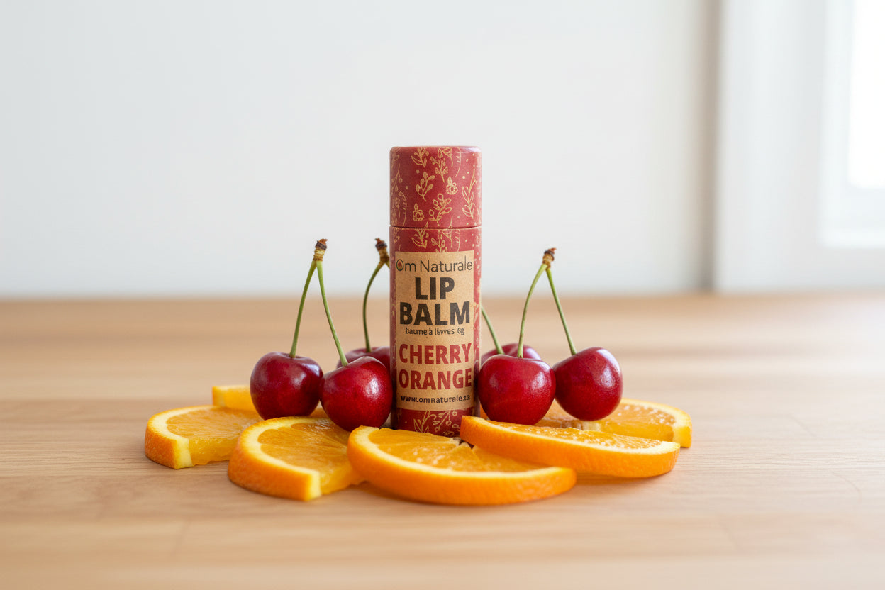 Cherry Orange Compostable Lip Balm by Om Naturale displayed in a lifestyle scene, natural balm in compostable tube for natural lip care