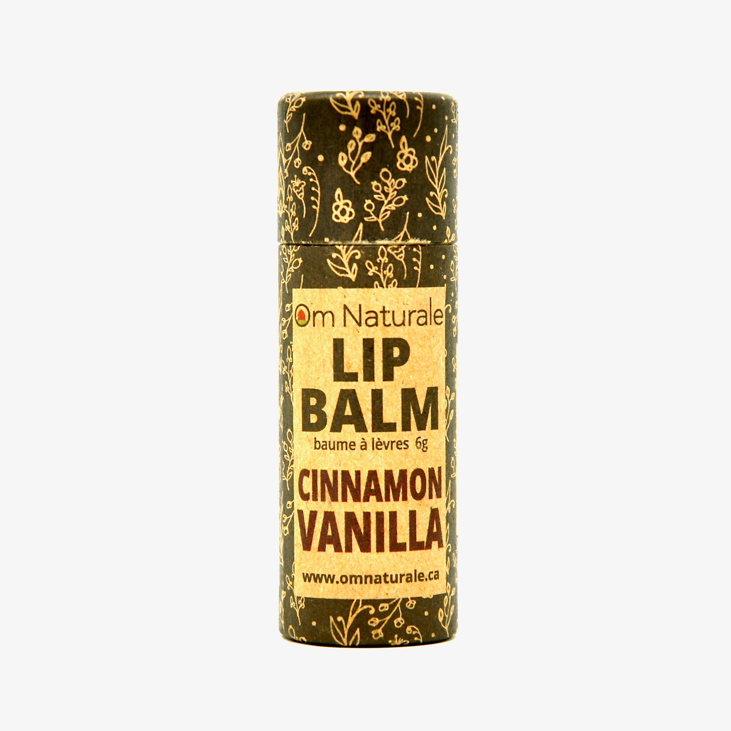 Cinnamon Vanilla Compostable Lip Balm by Om Naturale, natural clay-coloured balm in compostable tube for moisturizing lips