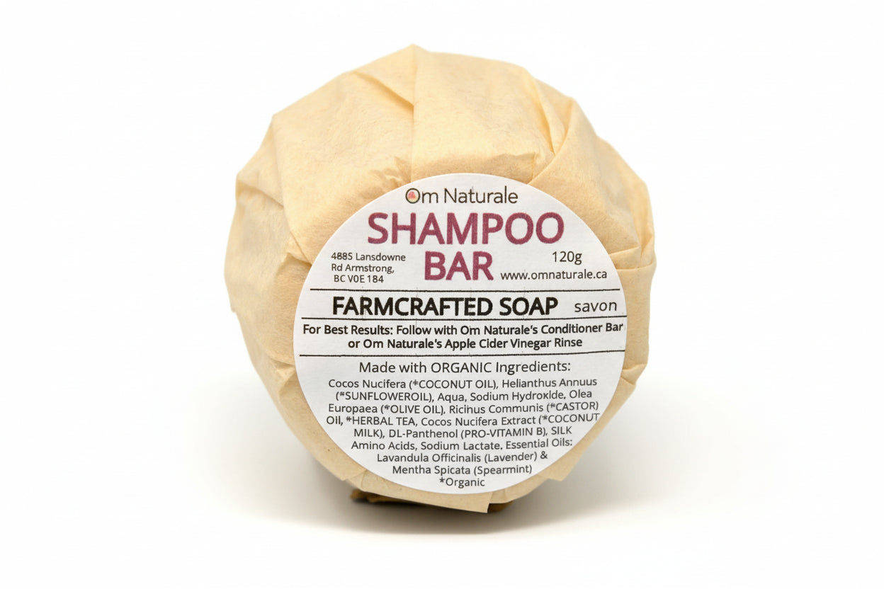 Conditioning Shampoo Bar by Om Naturale – solid palm oil free bar with organic coconut milk, herbal infusion, and lavender spearmint essential oils for nourishing hair care, farmcrafted in BC Canada.