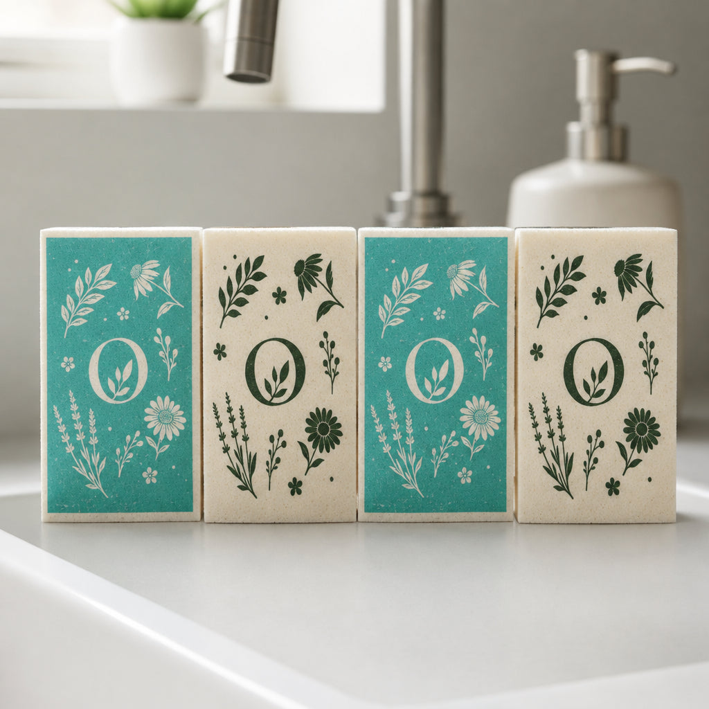 Reusable compostable Eco Cleaning Sponges with natural botanical design for everyday kitchen cleaning.