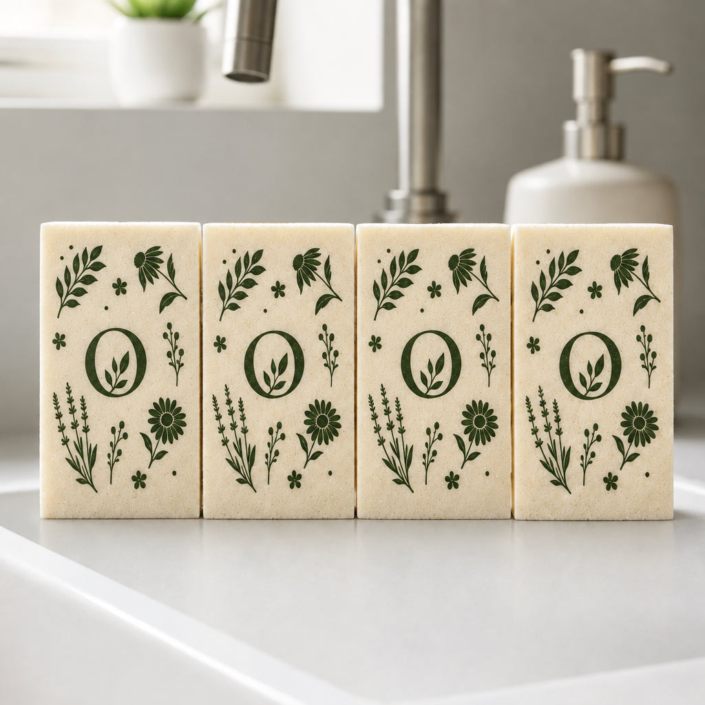 Reusable compostable Eco Cleaning Sponges with natural botanical design for everyday kitchen cleaning.