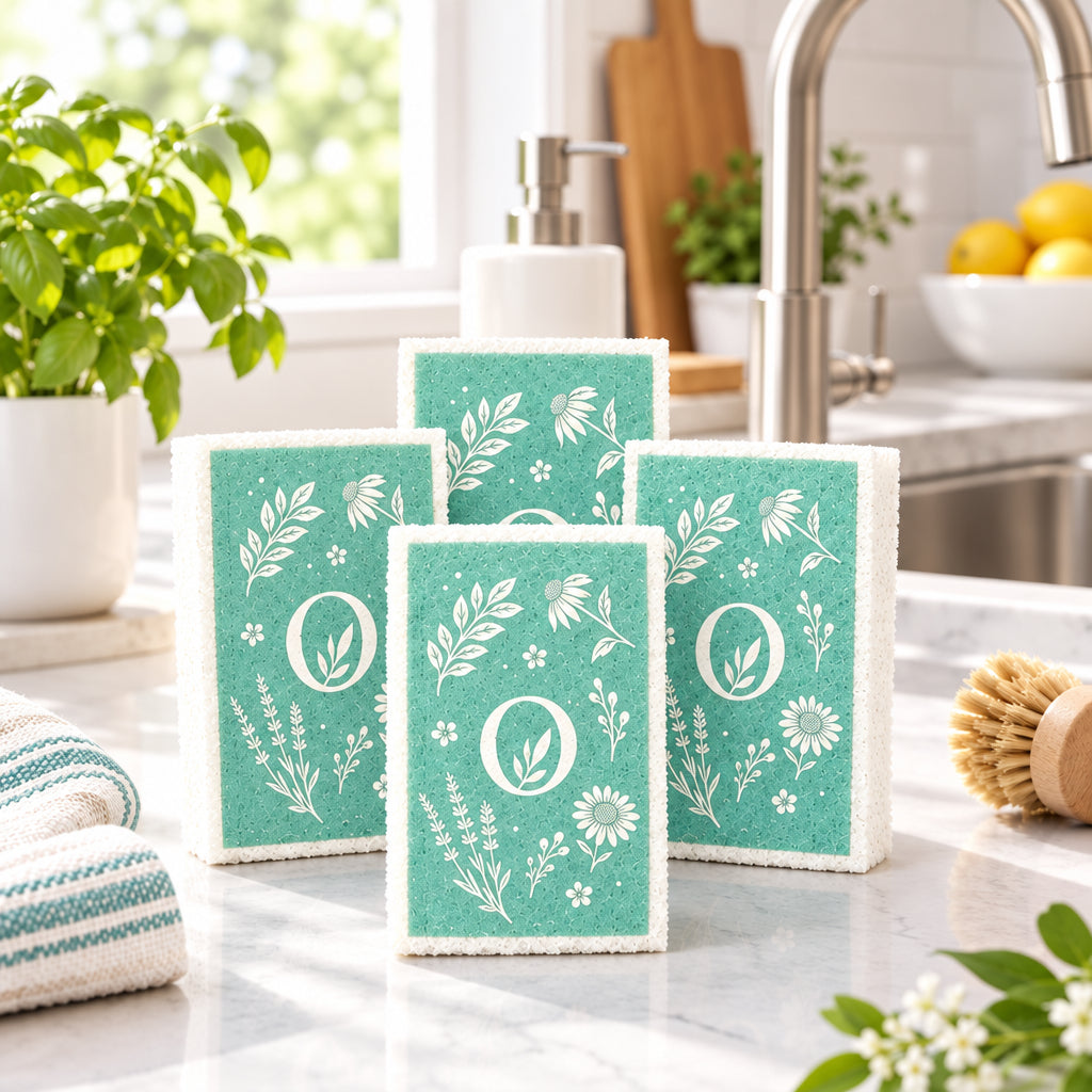 Rectangular eco cleaning sponge with a teal background and white floral design