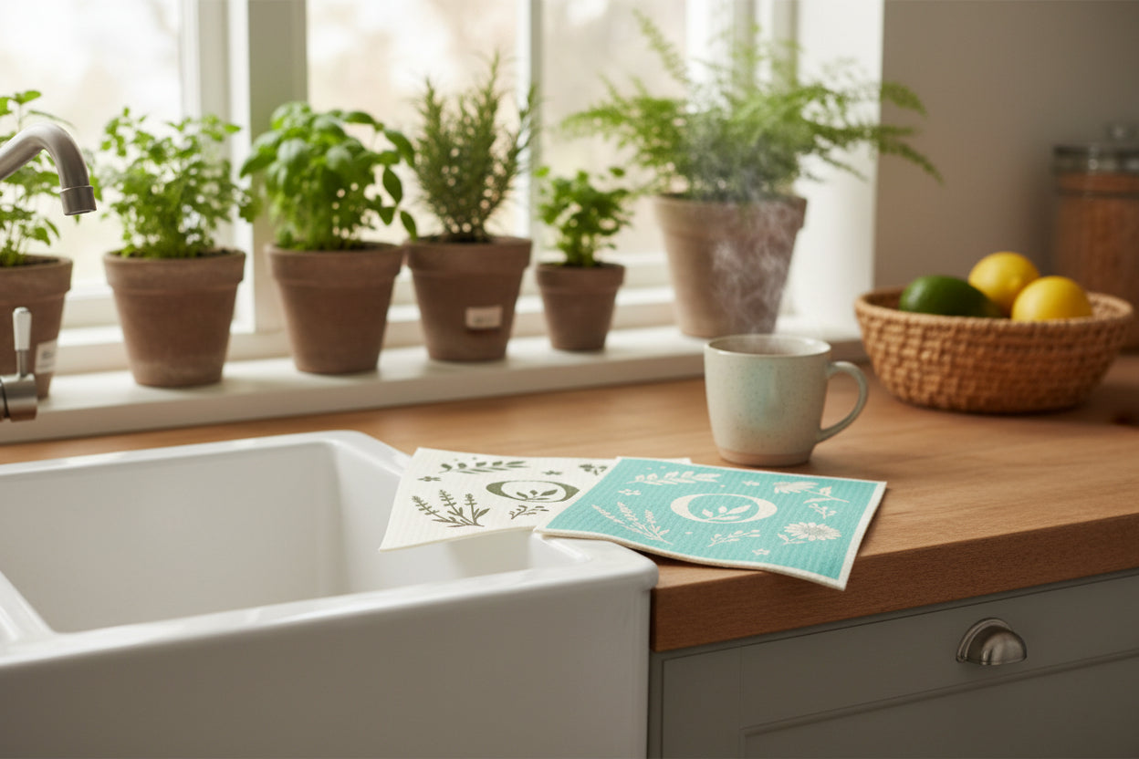 Teal and natural Om Naturale reusable Eco Cloths made from compostable cellulose and cotton, displayed in a kitchen setting.