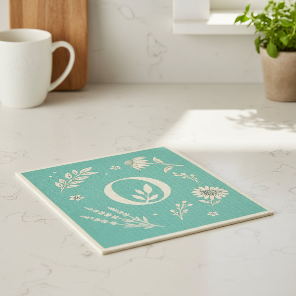 Compostable Eco Cloth used for cleaning a kitchen counter.