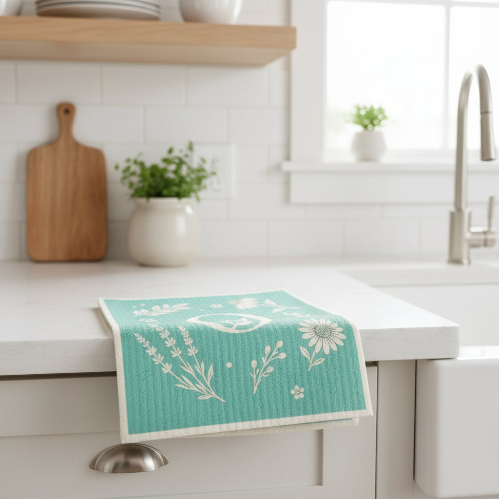 Reusable compostable Eco Cloth drying beside a bright kitchen sink after washing dishes.