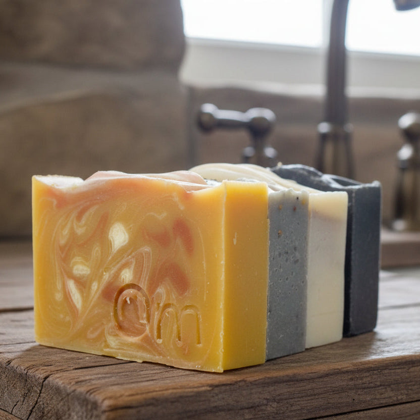 Farmcrafted Soap 4-Pack Variety – palm oil-free organic base bars handcrafted in Armstrong BC, choose from scents like Lavender, Zen, Glacier & more with pure essential oils, botanicals & clays, vegan natural bundle with sustainable packaging from Om Naturale, free shipping BC & Alberta over $125