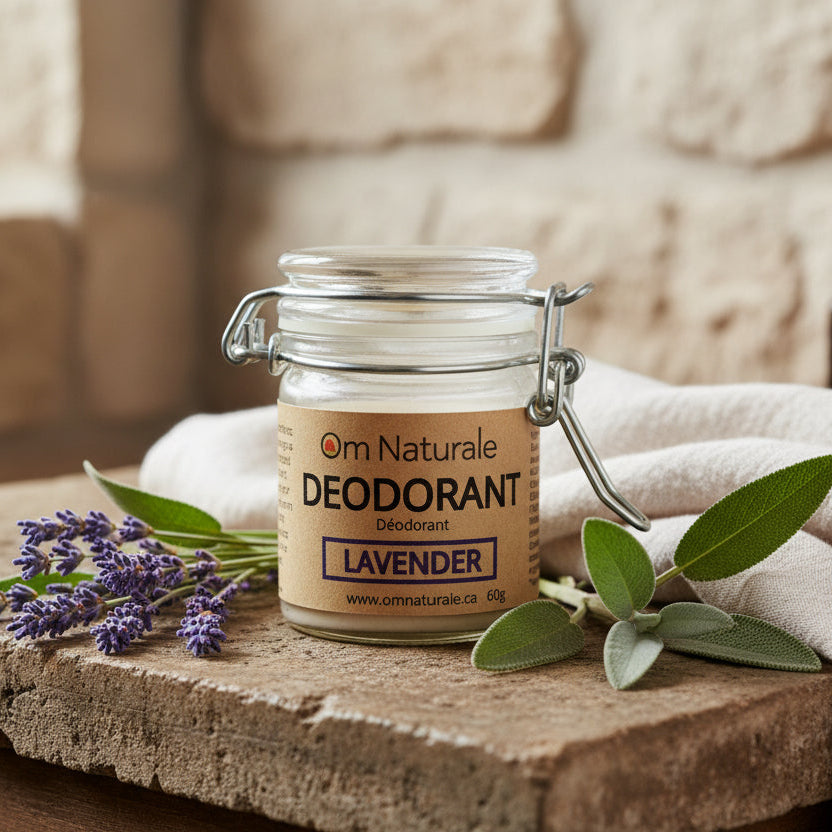 Lavender natural deodorant applied from jar – Okanagan sage infused aluminum-free formula, subtle fresh scent without residue, eco-friendly daily use from Om Naturale.