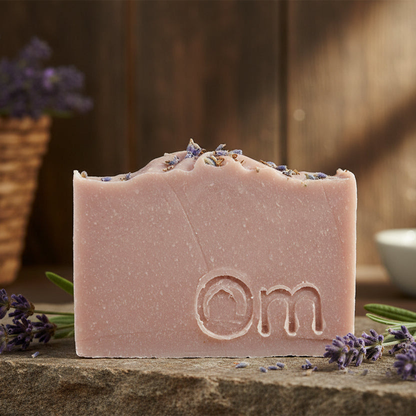 Lavender Farmcrafted Soap – palm oil-free organic base bar handcrafted in Armstrong BC with pure therapeutic-grade lavender essential oil and colloidal oatmeal to soothe skin, vegan natural ingredients from Om Naturale, free shipping BC & Alberta over $125