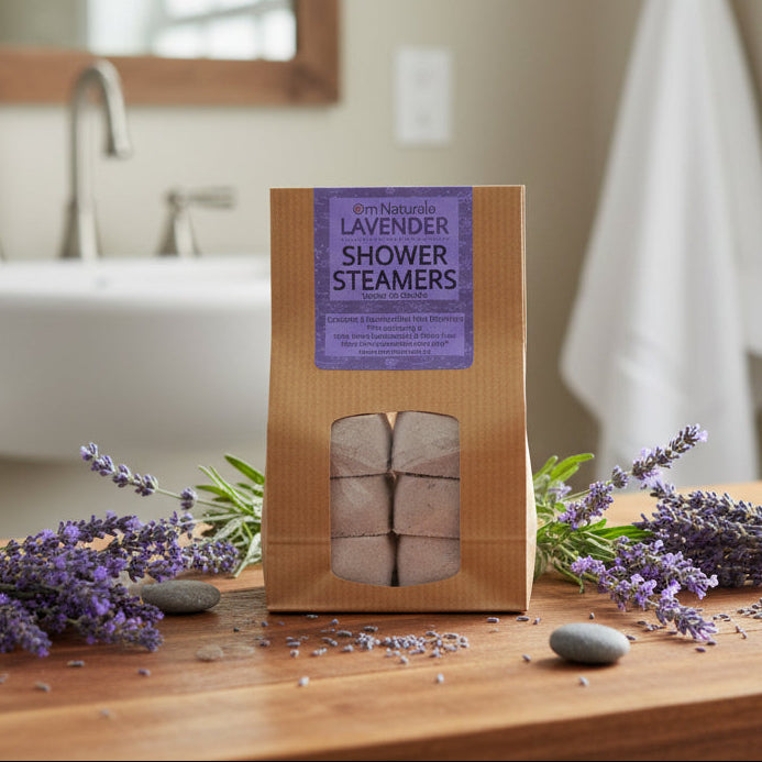 Lavender Mini Shower Steamer by Om Naturale – calming and relaxing essential oil aromatherapy tablet, part of 6-pack variety, natural and handmade on farm in Armstrong BC.