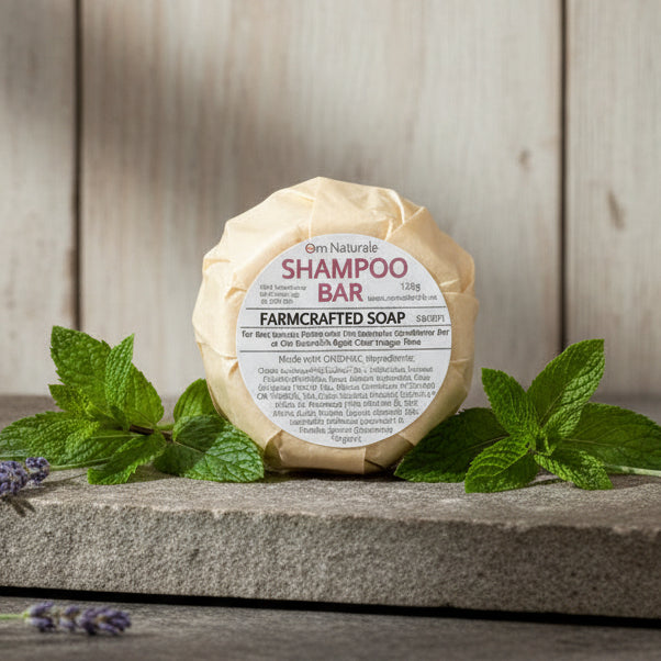 Conditioning shampoo bar displayed with lavender and spearmint – natural palm oil free solid bar with herbal infusion and coconut milk, farmcrafted by Om Naturale BC.