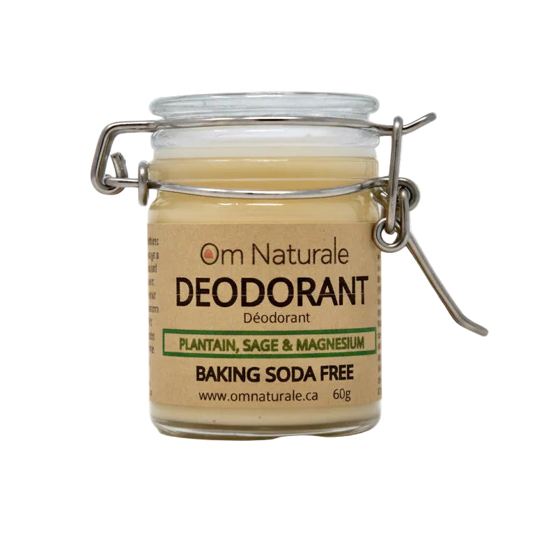 Baking Soda Free Natural Deodorant by Om Naturale – magnesium hydroxide arrowroot base with Omgrown sage, gentle for sensitive skin, essential oils scent, aluminum-free farmcrafted BC.