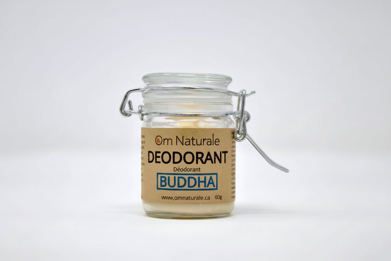 Buddha Natural Deodorant by Om Naturale – uplifting blend with spearmint orange patchouli lavender essential oils, Omgrown sage aluminum-free paste for odor control, farmcrafted BC.