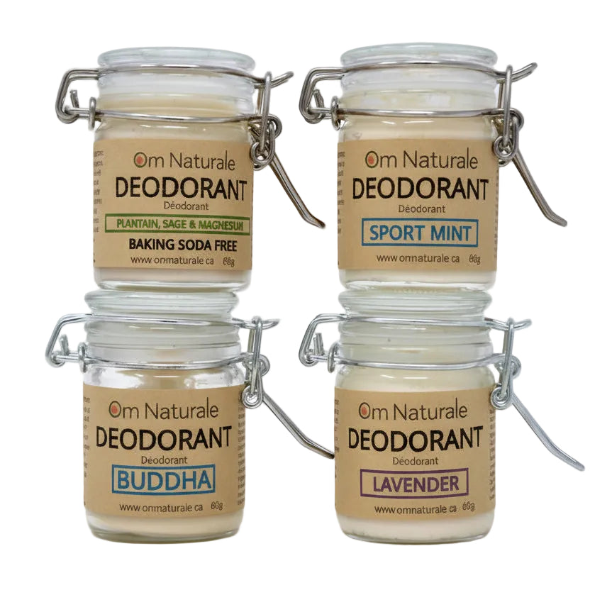 Natural Deodorant by Om Naturale – 4 variants (Lavender, Buddha, Sport Mint, Baking Soda Free) in jars, Omgrown Okanagan sage-based aluminum-free formula with essential oils for subtle odor control, farmcrafted in Armstrong BC Canada.