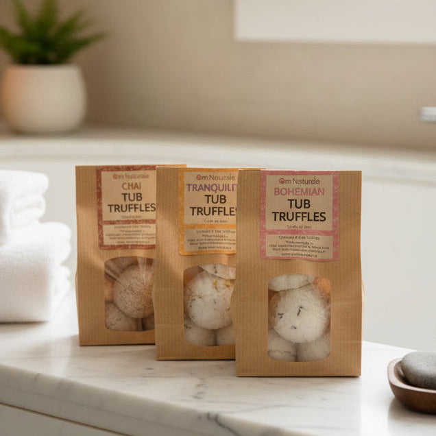 Decadent natural moisturizing tub truffles fizzing in bath water, crafted sustainably in North Okanagan for silky skin hydration