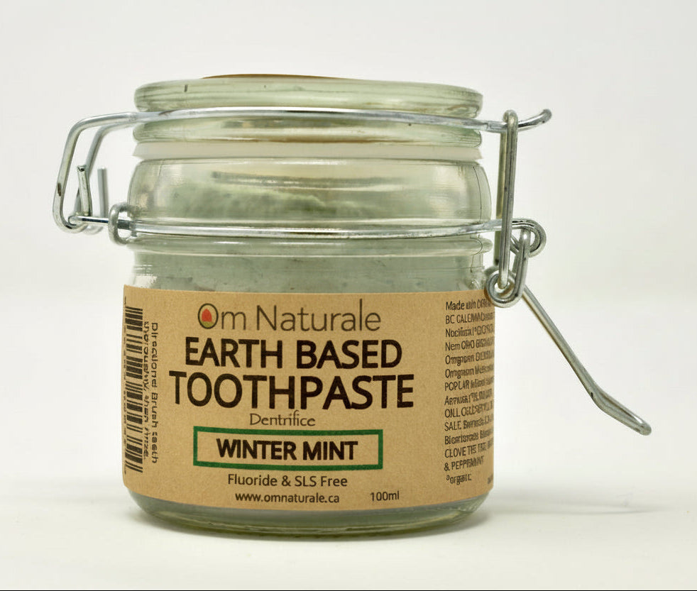 Wintermint Natural Fluoride-Free Toothpaste by Om Naturale – refreshing minty flavor with organic coconut oil, Omgrown calendula, xylitol and calcium carbonate, gentle earth-based paste for clean fresh mouth, farmcrafted BC.