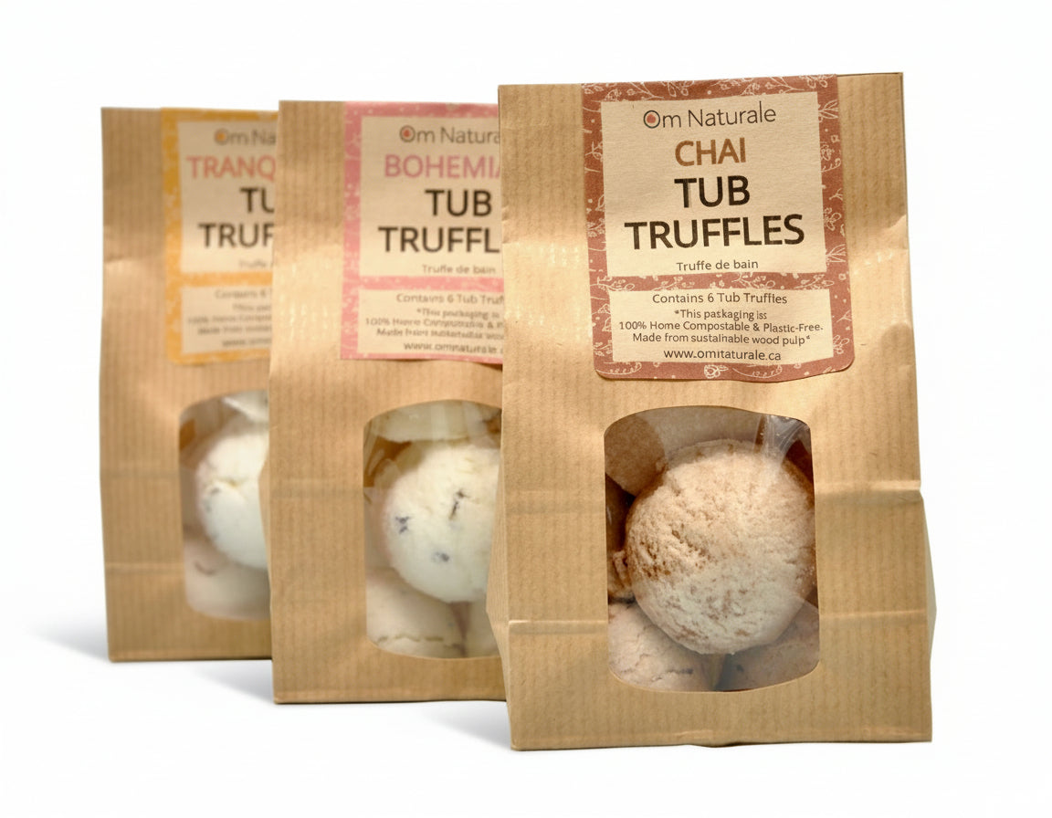 Handmade eco-friendly tub truffles from Om Naturale in Armstrong, Okanagan—moisturizing bath treats with cocoa butter and natural scents