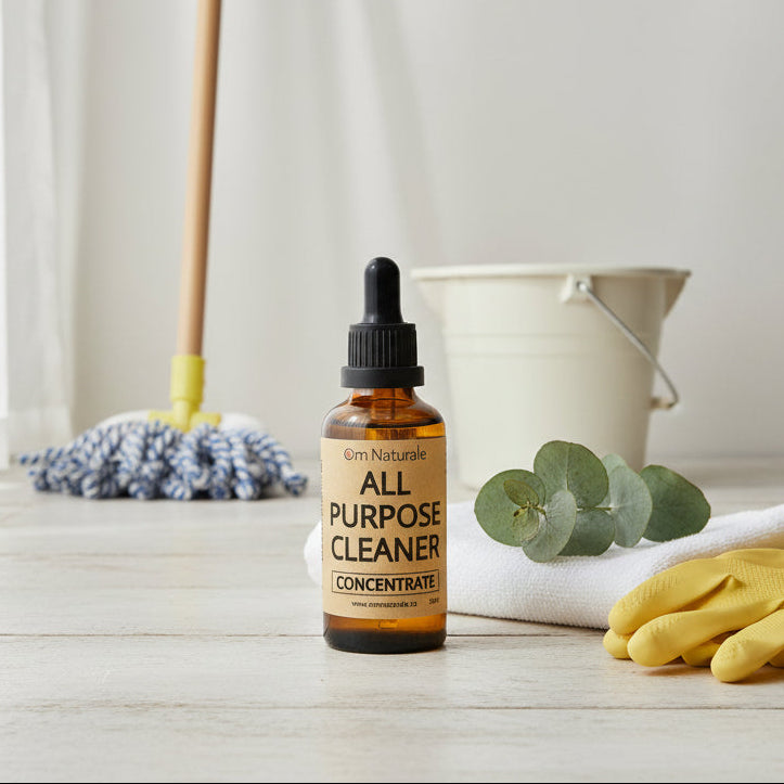Om Naturale All‑Purpose Cleaner Concentrate showing lavender, peppermint and citrus essential oils, eco‑certified plant‑based surfactant formula for home cleaning