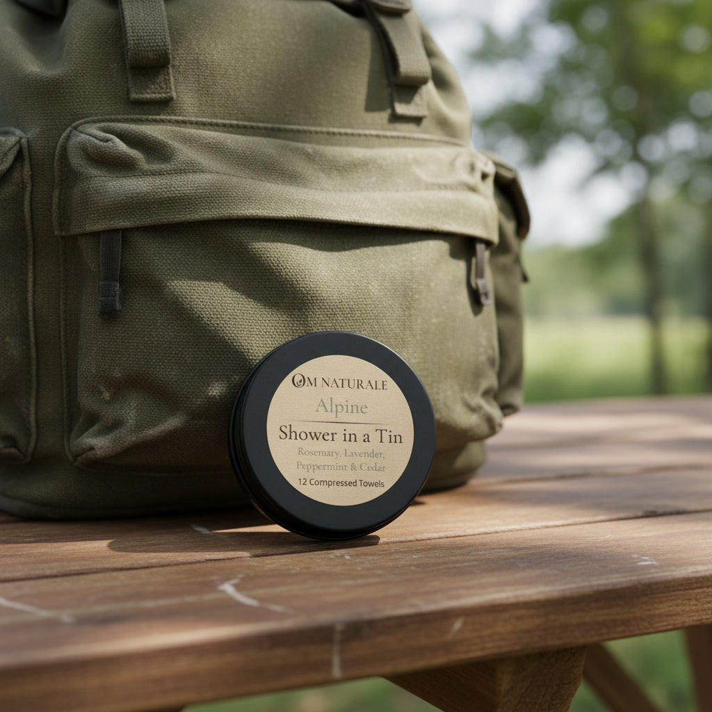 Om Naturale Alpine Shower in a Tin displayed on a campsite picnic table with backpack.