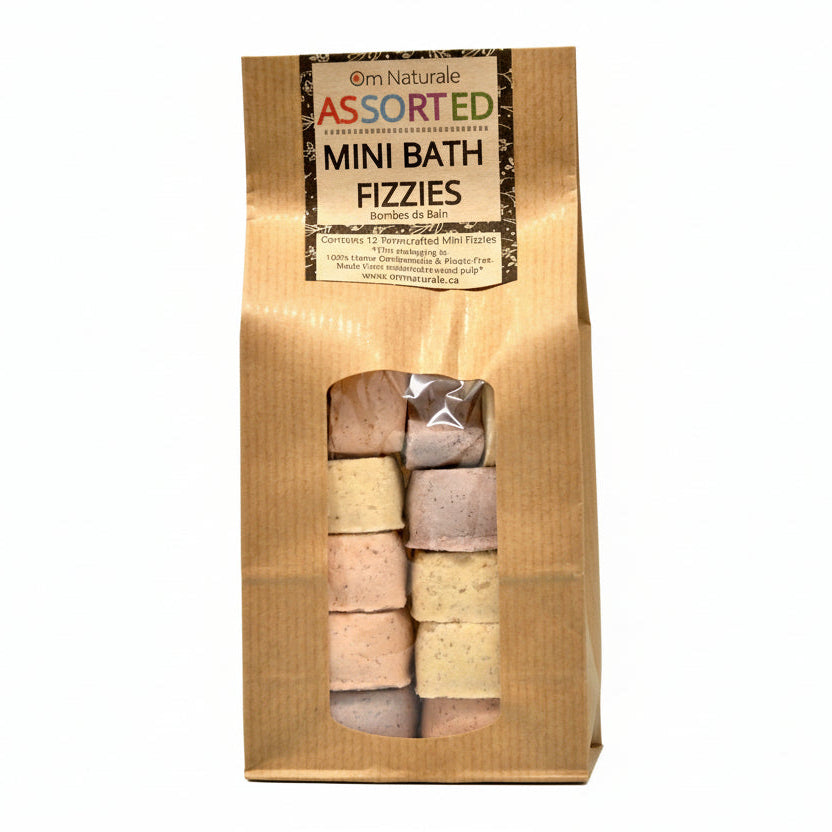 Om Naturale Assorted Mini Bath Fizzies 12‑pack with Rose, Lavender and Surprise varieties, natural bath fizzies with Epsom salts, botanicals and essential oils for a relaxing tub experience