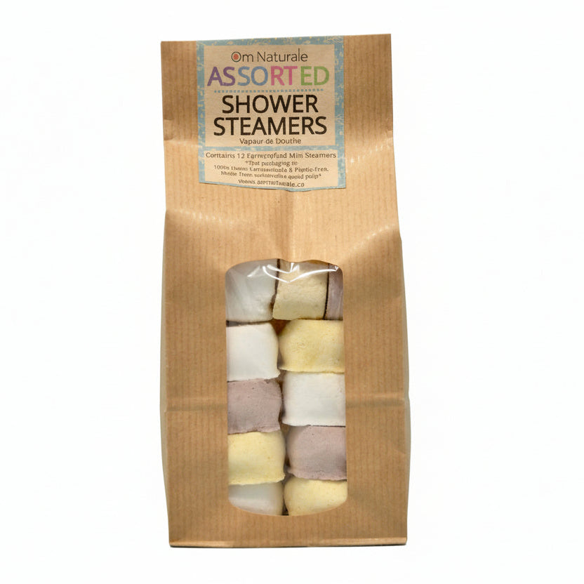 Om Naturale Assorted Shower Steamers 12-pack with Eucalyptus Mint, Rise & Shine, and Lavender, natural aromatherapy shower tablets with essential oils for invigorating and relaxing showers