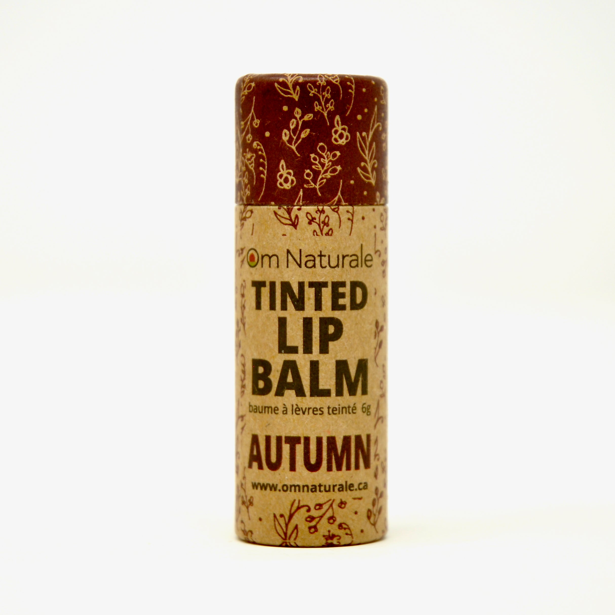 Om Naturale Autumn tinted lip balm deep reddish brown – natural fall shade, hydrating organic formula in home compostable tube