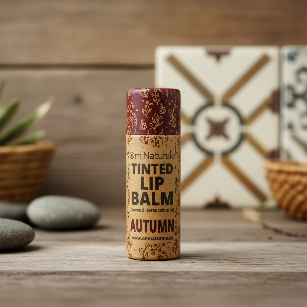 Om Naturale Autumn tinted lip balm in deep reddish brown – natural fall shade, hydrating and compostable