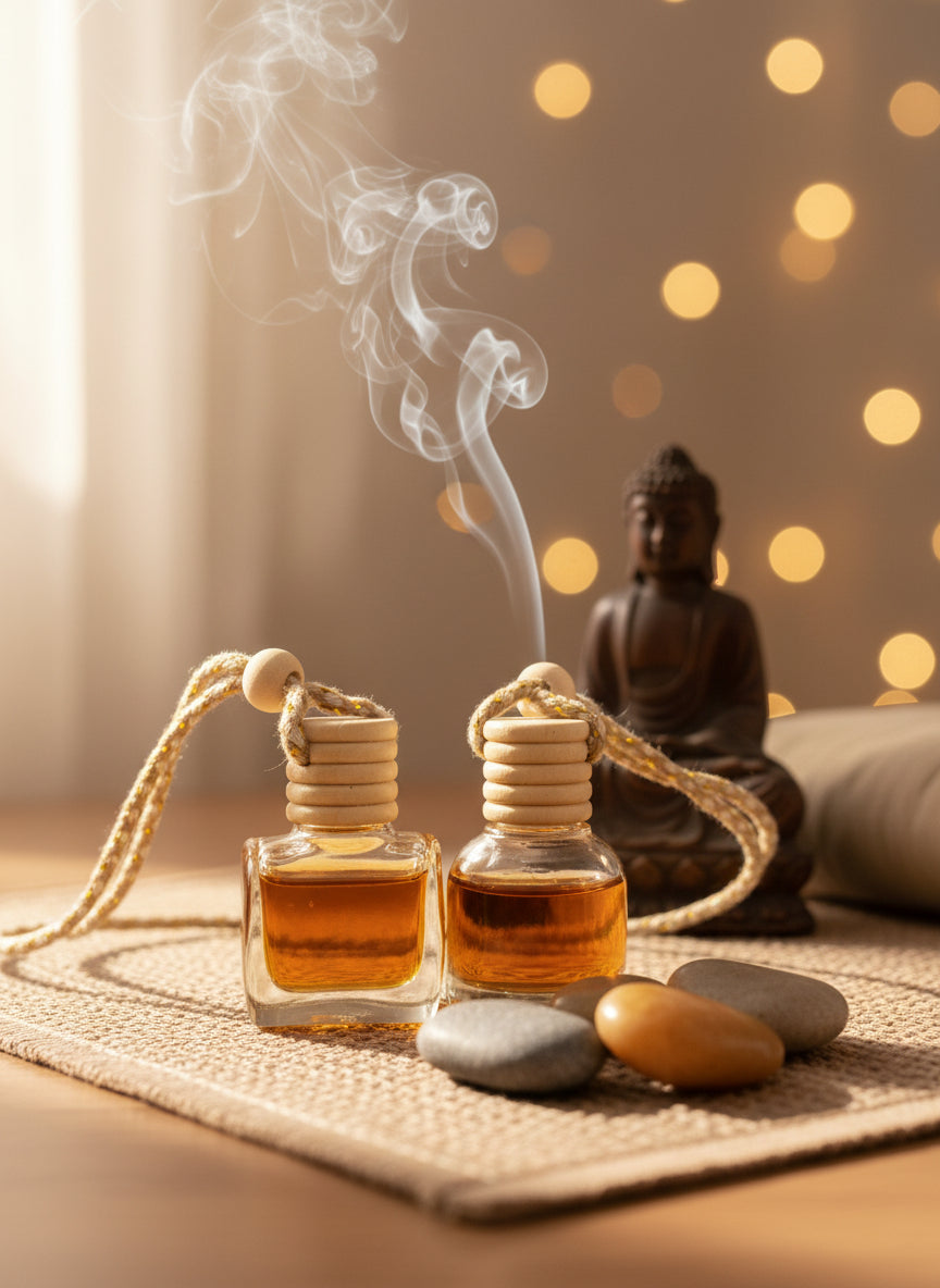 Buddha Car Diffuser by Om Naturale shown installed in a vehicle, natural essential oil fragrance with spearmint, patchouli, lavender and orange