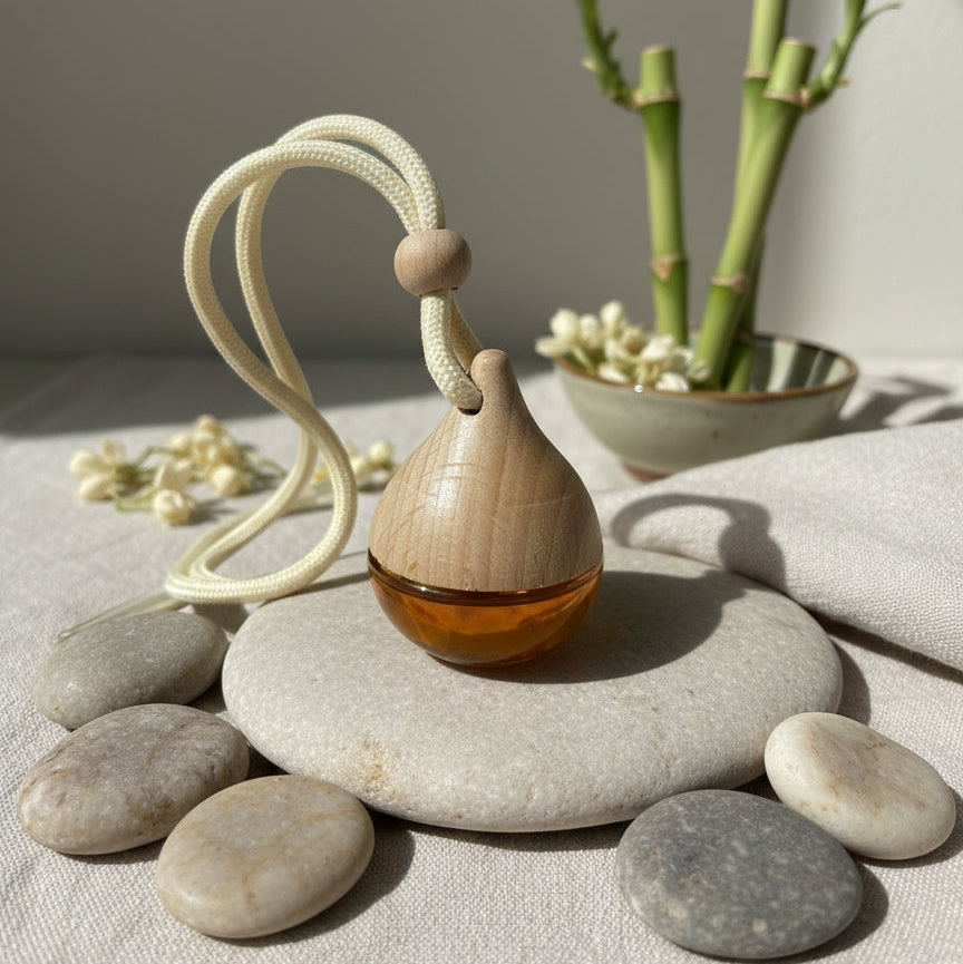 Buddha Car Diffuser by Om Naturale made in the Okanagan, BC, essential oil car air freshener with spearmint, patchouli, lavender and orange scent