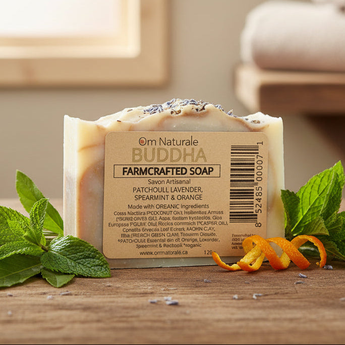 Om Naturale Buddha Farmcrafted Soap, natural artisan soap bar with spearmint, orange, patchouli and lavender essential oils blended with green clay and green tea extract