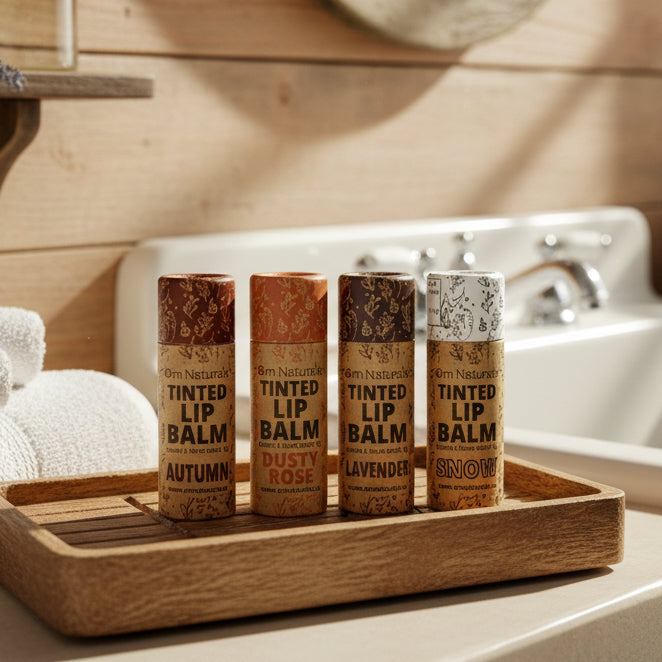 Four shades of Om Naturale natural tinted lip balm: Autumn reddish brown, Dusty Rose light pink, Lavender light purple, and Snow clear white in eco-friendly compostable tubes