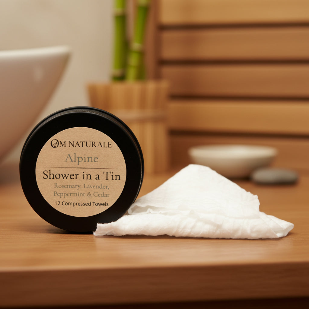Expanded Om Naturale compressed travel towel beside a Shower in a Tin container.