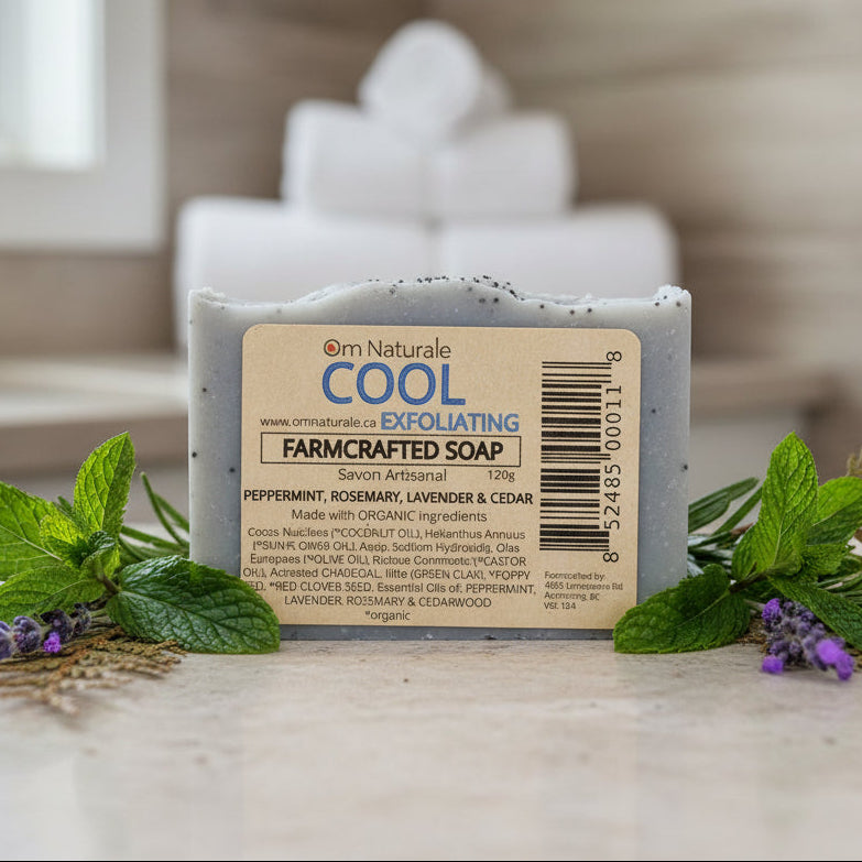 Cool Farmcrafted Soap by Om Naturale made on a small farm in Armstrong, BC, refreshing exfoliating soap with minty essential oils and poppy seed texture
