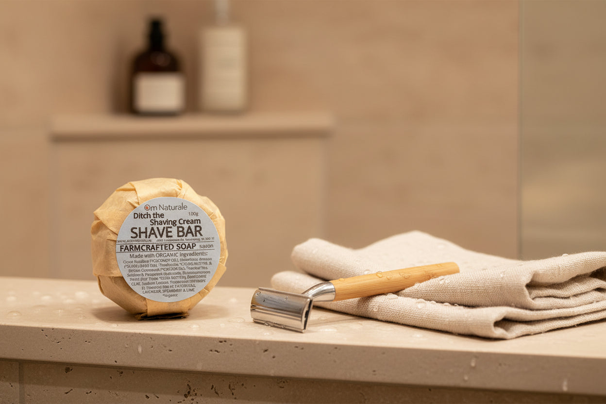 Ditch the Shaving Cream Shave Bar by Om Naturale made on a small farm in Armstrong, BC, plant-based shave soap with essential oils for smooth skin