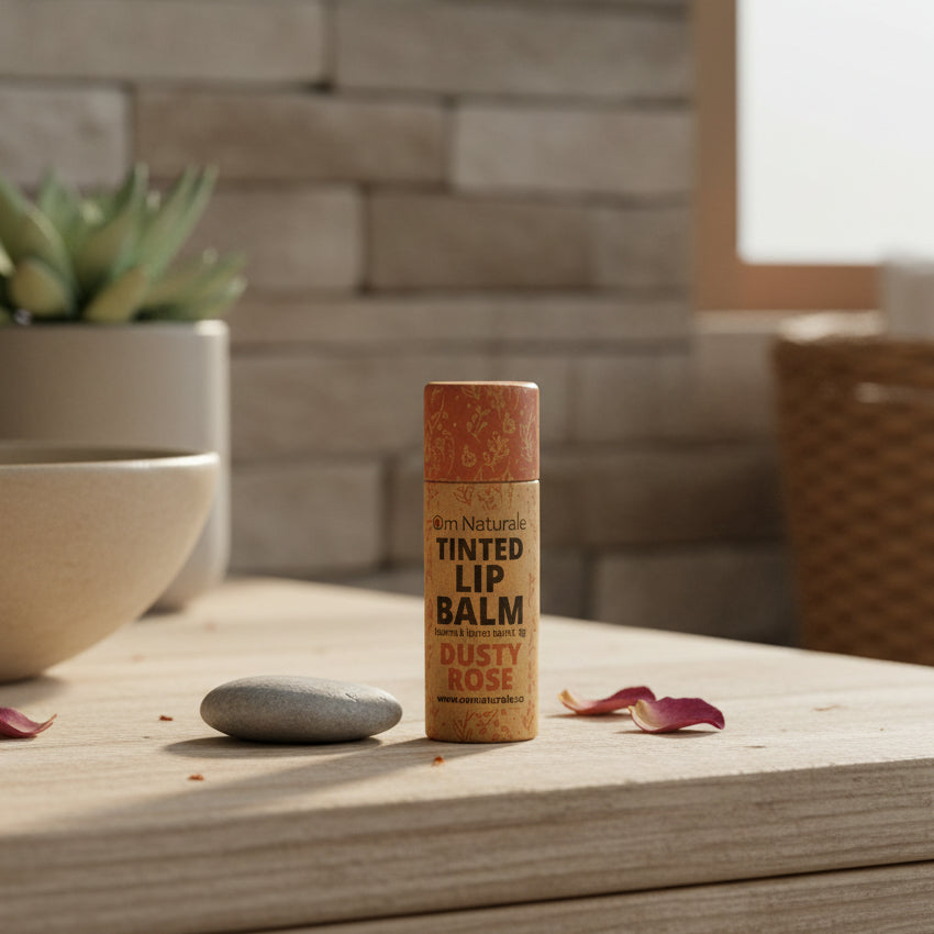 Om Naturale Dusty Rose tinted lip balm light pink – subtle warm tint, moisturizing organic lip care in compostable tube