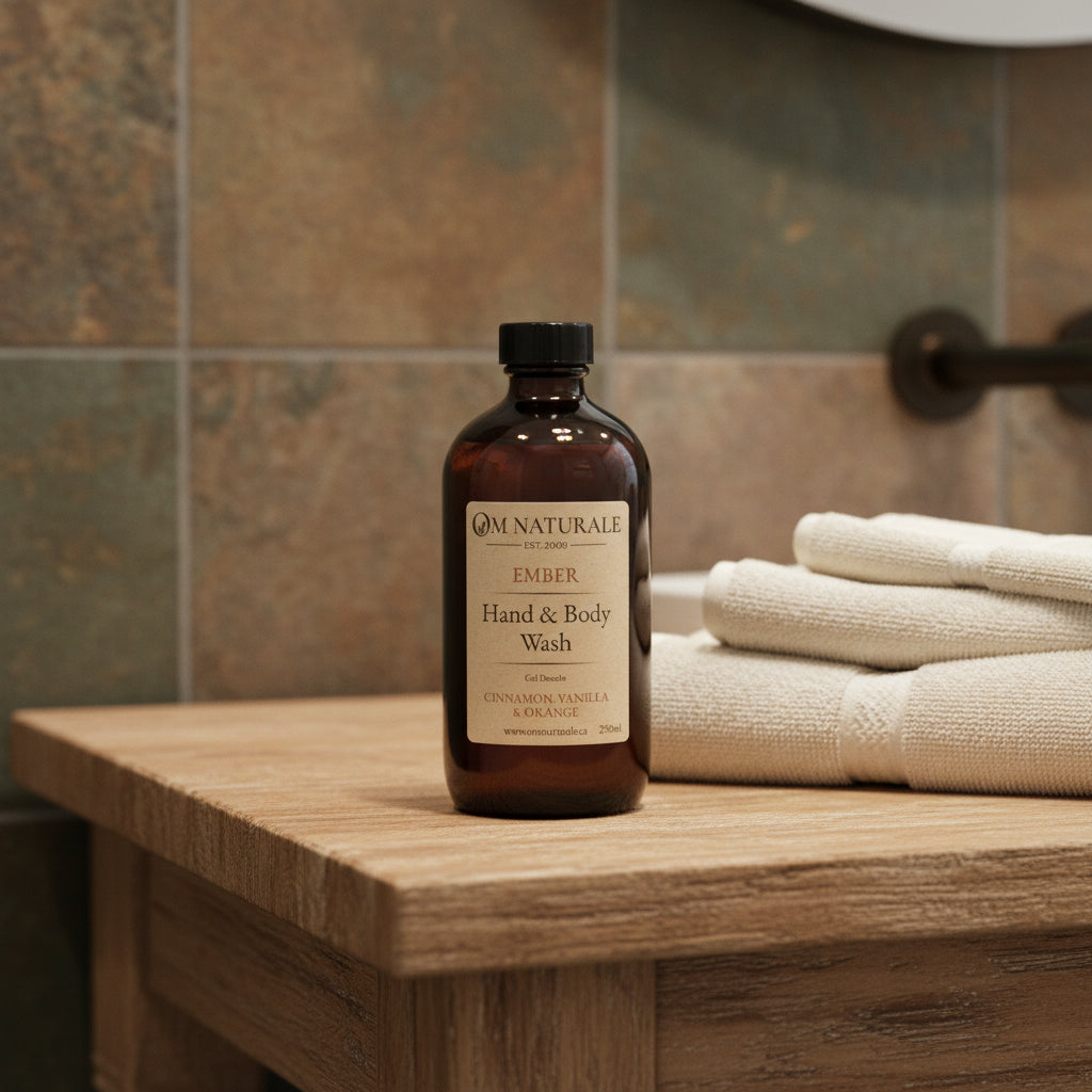 Om Naturale Ember Hand & Body Wash displayed in a cozy rustic bathroom.
