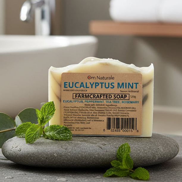 Eucalyptus Mint Farmcrafted Soap by Om Naturale made on a small farm in Armstrong, BC, natural soap with invigorating eucalyptus and mint essential oils