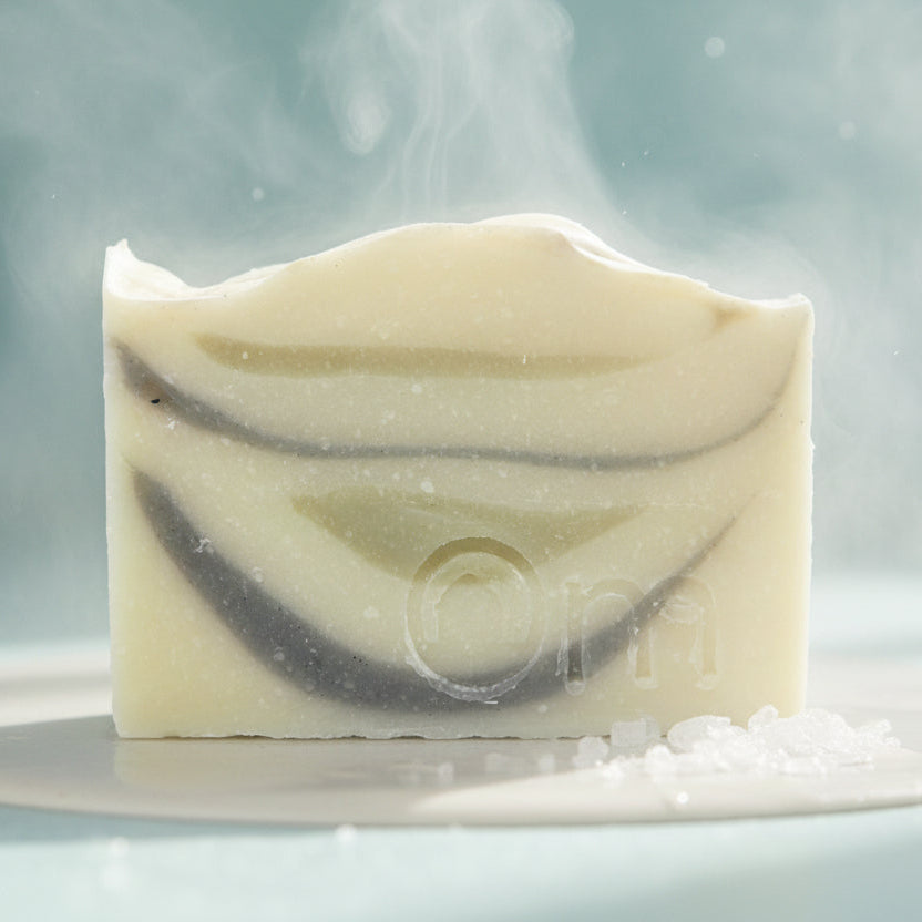 Close-up of Eucalyptus Mint Farmcrafted Soap showing natural botanicals and essential oil blend, small-batch Okanagan handcrafted soap