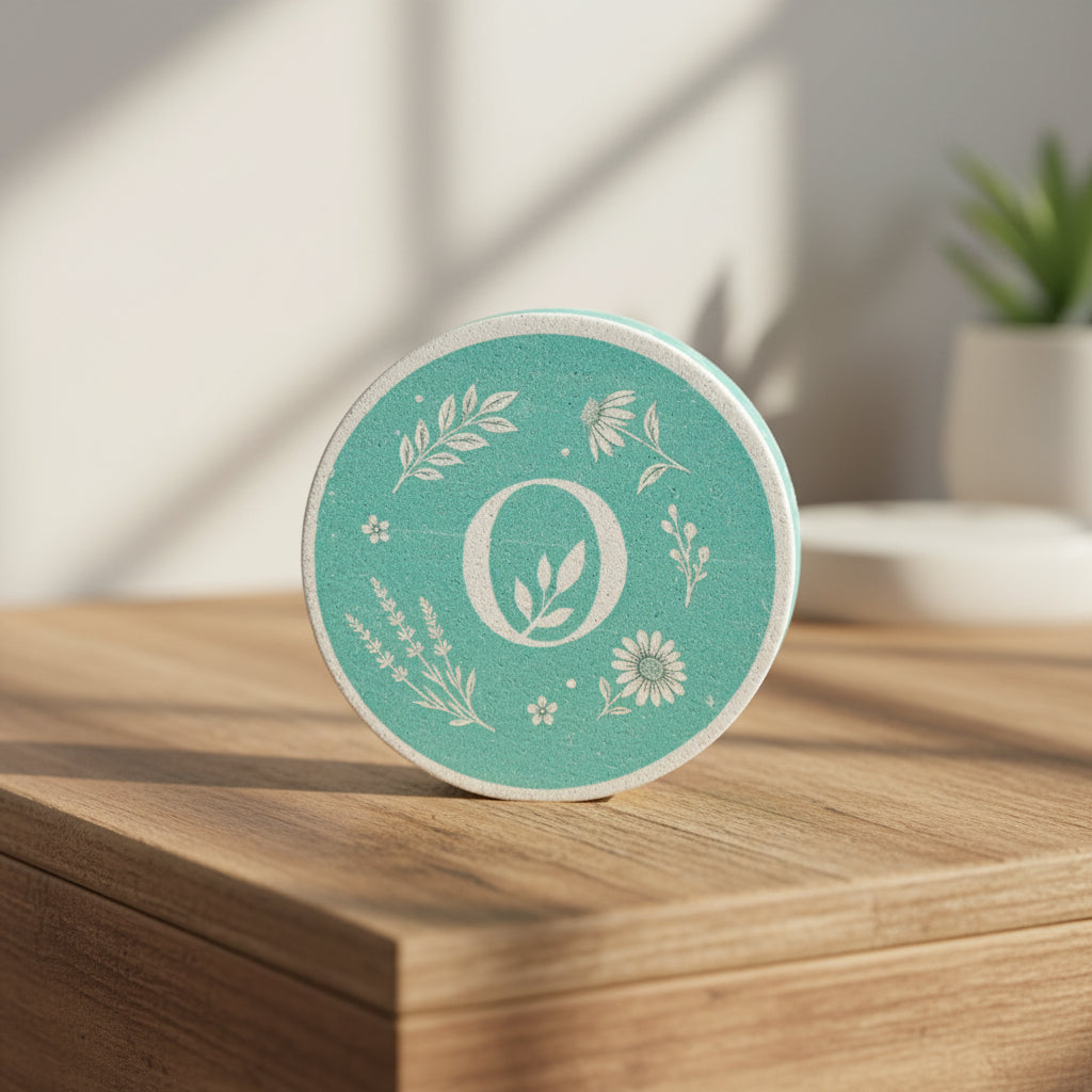 Closeup of a teal round eco sponge on a bathroom vanity.