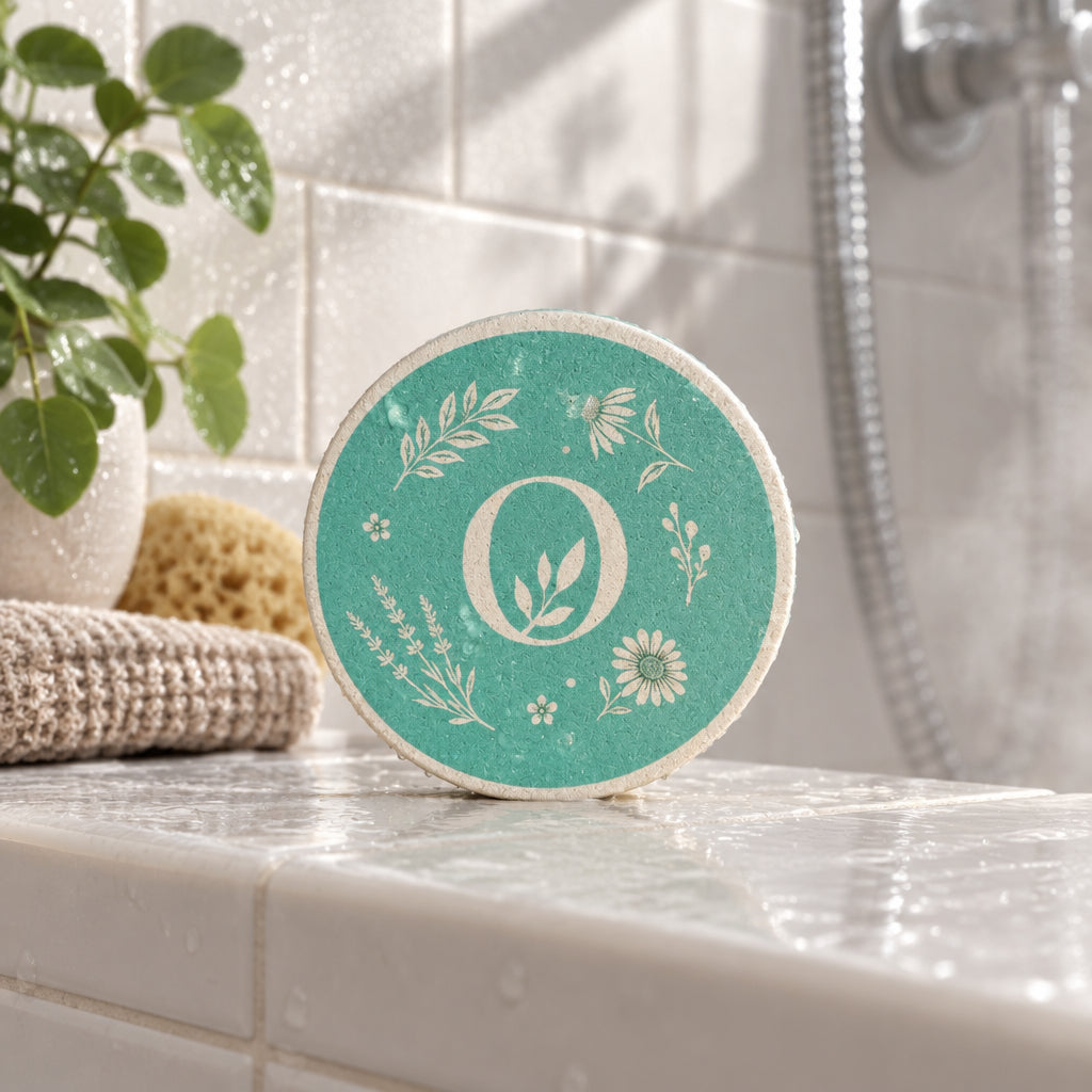 Closeup of a teal round eco sponge on a bathroom vanity.