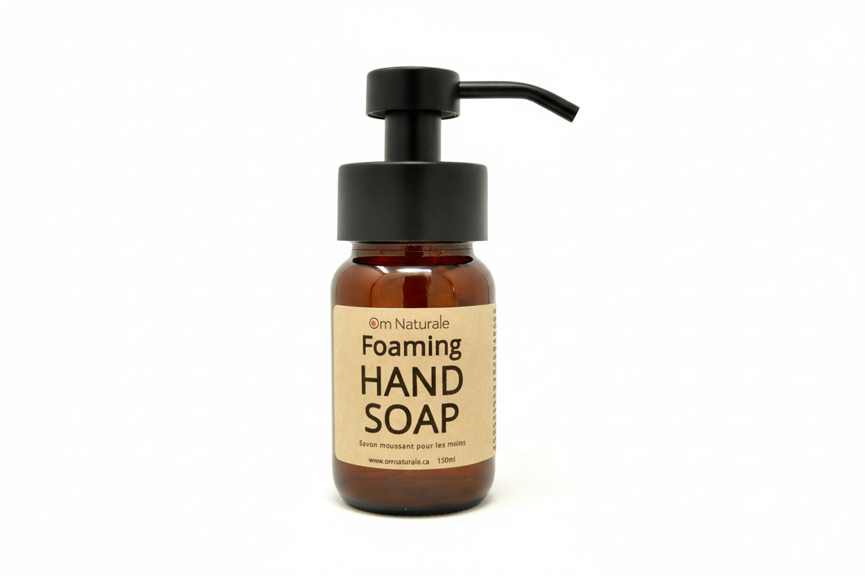 Om Naturale foaming hand soap in glass bottle, Canadian made natural plant-based foam soap with lavender, bergamot and orange essential oils for gentle cleansing