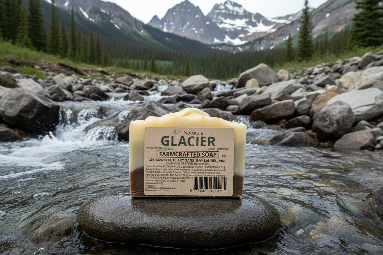 Om Naturale Glacier Farmcrafted Soap along a rugged mountain stream with green tea extract and clay, natural palm-oil-free Canadian soap bar