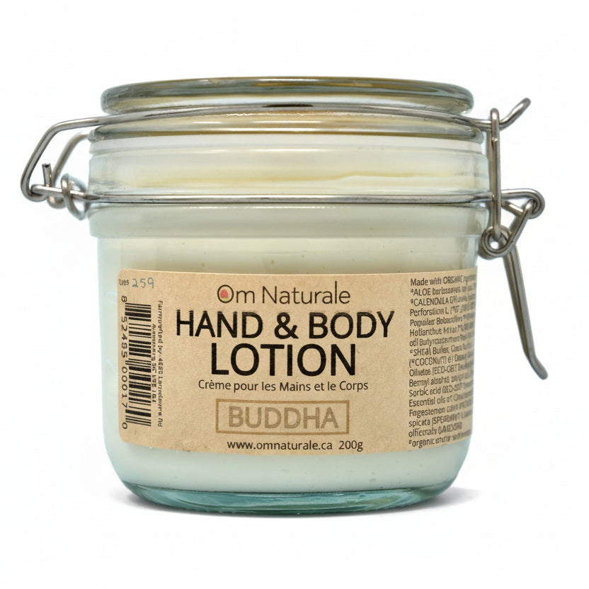 Om Naturale Buddha hand and body lotion, Canadian made natural moisturizer with spearmint, orange, lavender and patchouli oils