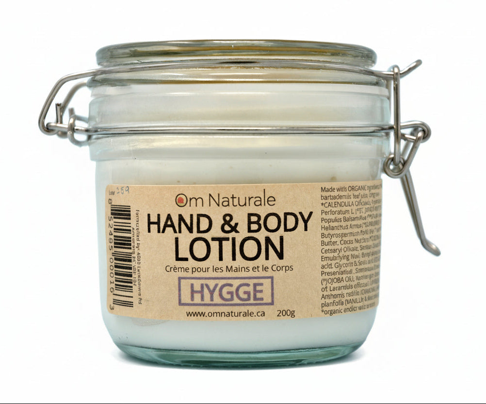 Om Naturale Hygge hand and body lotion, Canadian made natural moisturizer with vanilla, chamomile, lavender and fir essential oils