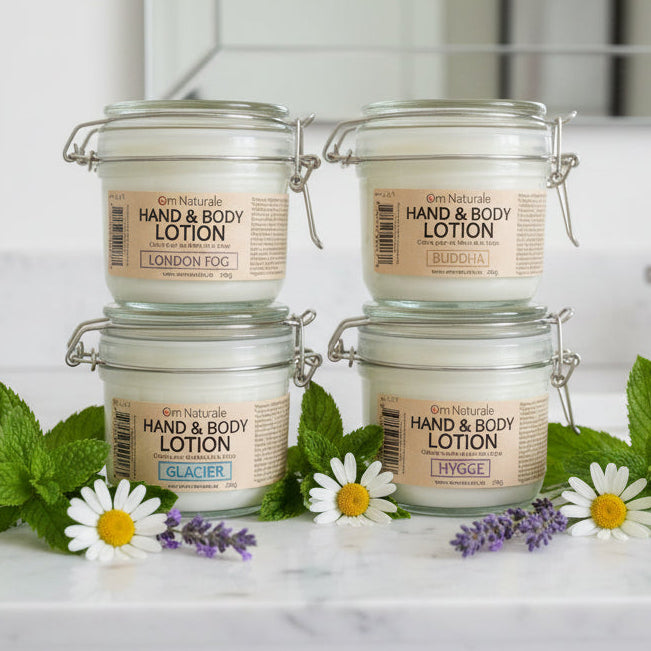 Close-up texture of Om Naturale Hand & Body Lotion, non-greasy absorbable moisturizer infused with Omgrown organic calendula and shea butter, natural essential oil scents