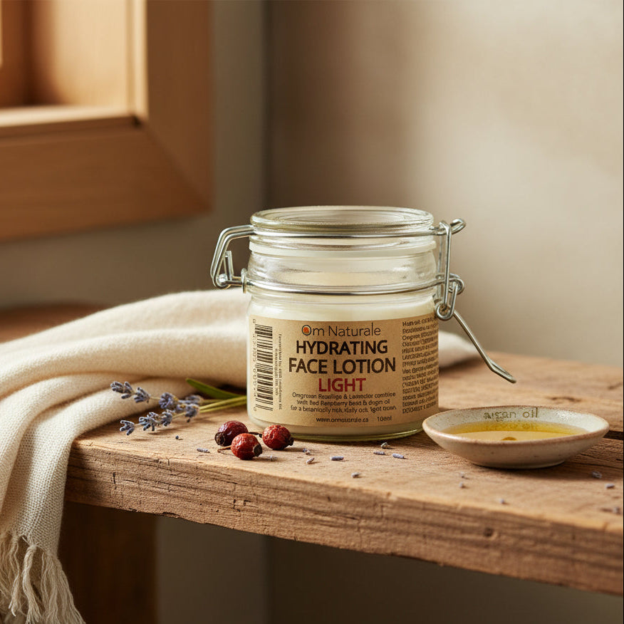 Om Naturale Hydrating Face Lotion Light styled in natural bathroom setting with plants and linen, Canadian small‑batch face moisturizer for daily skincare routine